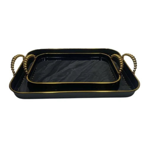 Rosenberg RB02-6527B: 2-Piece Rectangular Black Serving Tray with Gold Handles
